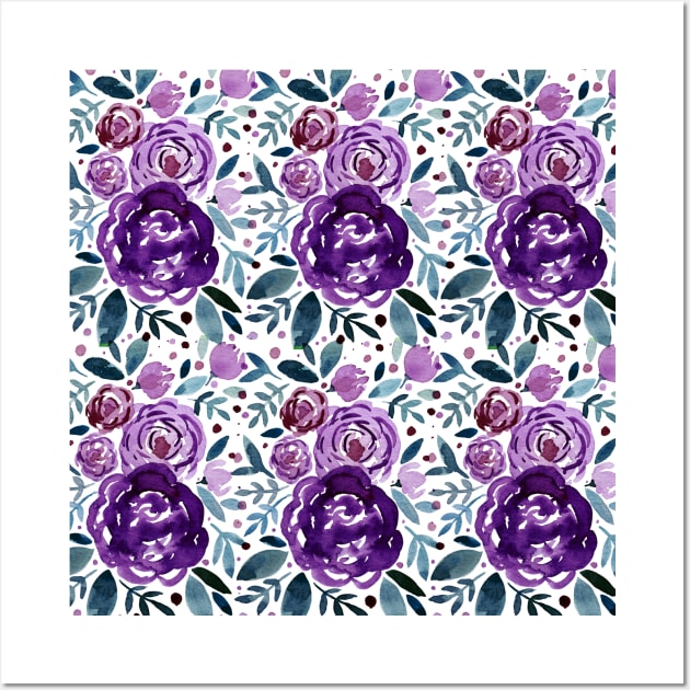 Watercolor roses bouquet pattern - purple Wall Art by wackapacka